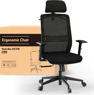 FLEXISPOT Bürostuhl Ergonomisch, Schreibtischstuhl mit Kleiderhaken, Kopfstütze und Lordosenstütze, Büro Stuhl Lift Armlehne, Computerstuhl höhenverstellbar, Drehstuhl 136 kg, OC17 (schwarz)