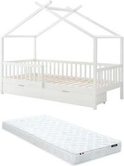 Vente-unique - Bett in Hausoptik mit Schubladen + Matratze - 90 x 190 cm - Kiefer & MDF - Weiß - KIRALIO