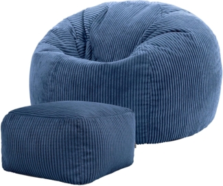 Icon Kingston Sitzsack mit Hocker Cord, Denimblau, Sitzsack Erwachsene mit Füllung, Bean Bag, Cord Sessel, Lounge Sessel, Lounge Stuhl, Schlafzimmer, Wohnzimmer, Wohnzimmer Möbel