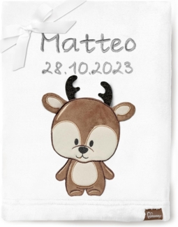 Be Mammy Personalisierte Babydecke mit 3D Applikation Warme Kuscheldecke mit Namen und Geburtsdatum; Perfektes Baby Geschenk; Blanket; Krabbeldecke BE20-280 (Weiß - Hirsch)