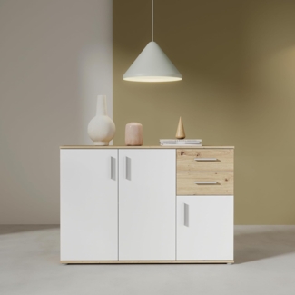 Forte IKOLI Kommode 120, Moderne Kommode, 3-türig, 2 Schubladen, Wohn-/Schlafzimmer, Flur, Holzwerkstoff, Weiß mit Artisan Eiche Holzdekor, 119,6 cm breit x 81,7 cm hoch x 31,4 cm tief