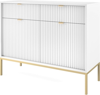 Selsey VELLORE - Kommode 2-türig mit 2 Schubladen, Weiß mit geriffelten Fronten und goldenen Metallbeinen, 104 cm