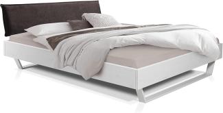 Möbel-Eins LUKY Kufenbett mit Polsterkopfteil, Material Massivholz, Fichte massiv, Kufen weiss weiss 140 x 220 cm Stoff Braun