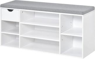 HOMCOM Schuhbank Sitzbank Sitztruhe mit Ablagen Kissen Schublade Eingangsbereich großer Lagerraum verstellbar Spanplatte Schaumstoff Leinenartiges Polyester Weiß+Grau 101 x 29 x 47,5 cm