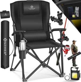 KESSER® Campingstuhl faltbar bis 160 kg | Angelstuhl Faltstuhl Klappstuhl Gepolstert mit Armlehnen | Campinglicht und Getränkehalter + Tasche mit hoher Rückenlehne | Strandstuhl mit Angelhalterung Schwarz / Schwarz