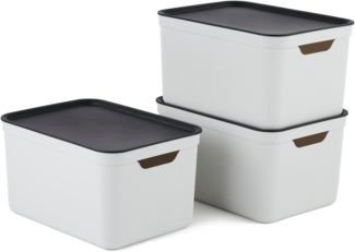 Jive Dekobox 3er- Set Aufbewahrungsbox 16l mit Deckel, Kunststoff (PP recycelt), weiss/anthrazit, 3x16l (37.5 x 27.8 x 29.8 cm)