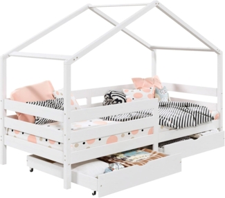 IDIMEX Kinderbett ENA, Hausbett Montessori 90 x 200 Bett Rausfallschutz Kiefer Schubladen Kin