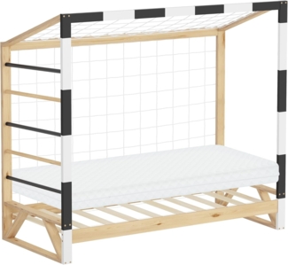ML-DESIGN Spielbett Kinderbett Fußballtor Holzbett mit Lattenrost Kletterleiter & Netz, Abenteuerbett 80x160cm Natur für Kinder aus Kiefernholz mit Matratze
