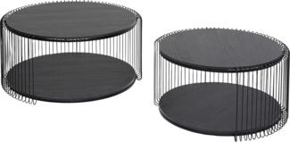 Kare Design Couchtisch Wire Double Wood 2er Set, Schwarz, 63cm Durchmesser,Wohnzimmertisch, Stahlgestell, Tischplatte aus Holz, Wohnzimmer, Rund, 34 x 70 x 70 cm (H/B/T)