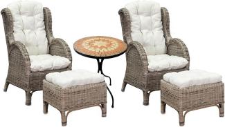 Luxus Rattan Set 2 x Relaxsessel mit Fußhocker + Mosaiktisch