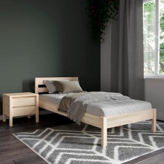 Holzbett 80x200 cm Kaja Scandi Style Scandi Style aus unbehandeltem hartem FSC® Birken Massivholz - über 700 kg - Einzelbett Bettgestell mit Kopfteil - Kinderbett Jugendbett Gästebett