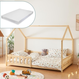 Hausbett Hesel, Kinderbett, Lattenrost und Matratze, Holzoptik, 140x200 cm