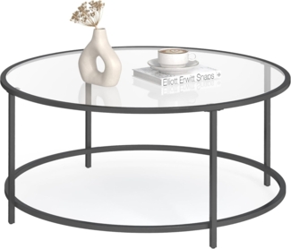 Vasagle Couchtisch, Beistelltisch rund, Glastisch mit Metallgestell, Hartglas, Nachttisch, Sofatisch, für Balkon, schwarz, Ø 84x45,5 cm