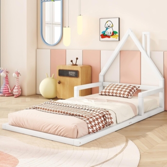 SOFTWEARY Kinderbett mit Lattenrost, 90x200 cm, Hausbett, Bodenbett, Jugendbett, Kiefer