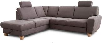 Cavadore Ecksofa Wisconsin mit Vorziehsitz / Eckcouch mit Federkern in Lederoptik / Inkl. 2 Kopfstützen + Bettkasten / Landhausstil / Holzfüße in Buche / Mikrofaser / 248 x 88 x 218 cm / Grau
