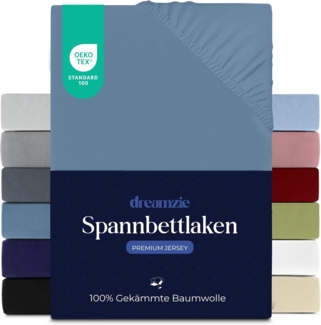 Dreamzie Premium Spannbettlaken 200x200 cm, Spannbetttuch für Dicke Matratzen bis zu 27 cm, Bettlaken 100% Jersey Baumwolle, 150 g/m², Oeko-TEX zertifiziert - Blau