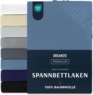 Dreamzie Premium Spannbettlaken 200x200 cm, Spannbetttuch für Dicke Matratzen bis zu 27 cm, Bettlaken 100% Jersey Baumwolle, 150 g/m², Oeko-TEX zertifiziert - Blau