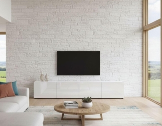 Dmora - Fernsehschrank Randfontein, Ständer für Wohnzimmerfernseher, Niedriges Wohnzimmer-Sideboard, TV-Ständerbasis, Made in Italy, 225x38h39 cm, Glänzendes Weiß