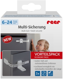 reer 72020 Kindersicherung nach DIN EN 16948 / Multisicherung für Schränke und Schubladen und vieles mehr. Vorteilspack 3 Stück, weiß