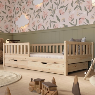 Crazy Pine Kinderbett mit Schublade 190x100 cm – Massives Montessori Bodenbett aus Holz mit Rausfallschutz – Sicheres Kleinkindbett – Skandinavisches Design Leichte Montage - Crazy Basic