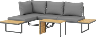 Outsunny Garten-Essgruppe mit Eckbank, verstellbar Rückenlehne, Beistelltisch, Kissen, (L-Förmig Gartenlounge aus Akazienholz, 3-tlg, Gartenmöbel Set für 6 Personen), für Garten, Terrasse, Balkon, Hellgrau