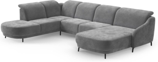 Cavadore Wohnlandschaft Blue, Sofalandschaft mit Longchair im modernen Design, inkl. kopfteilverstellung, Vorziehsitz motorisch, Klapptisch, USB-Anschluss, mattschwarzen Metallfüßen, Flachgewebe, Grau