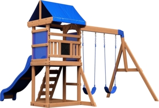 Backyard Discovery Spielturm Aurora aus Holz XXL Spielhaus für Kinder mit Rutsche, Schaukeln und Kletterleiter | Braun, blau | Holz | 271.8 cm