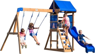 Backyard Discovery Spielturm Aurora aus Holz XXL Spielhaus für Kinder mit Rutsche, Schaukeln und Kletterleiter | Braun, blau | Holz | 271.8 cm