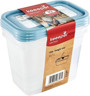 keeeper Tiefkühldosenset 3-teilig, Wiederbeschreibbarer Deckel, 3x1 l, 15,5 x 10,5 x 11,5 cm, Mia Magic Ice, Nordic Blue