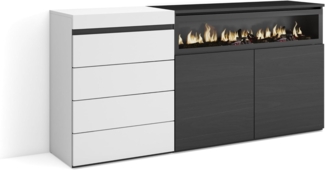 Skraut Home | Kommode mit Schubladen | Aufbewahrungsschrank | 157 x 75 x 35 cm | Für Schlafzimmer, Zimmer | Elektrokamin. | Moderner Stil | Weiß und Schwarz