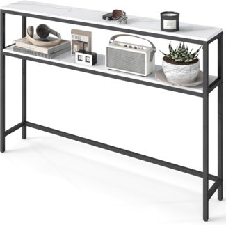 VASAGLE Konsolentisch, schmaler Sofatisch mit 2 Ablagen, 20 x 120 x 80 cm, Flurtisch, 2 Ebenen, für Flur, Wohnzimmer, Schlafzimmer, marmorweiß-tintenschwarz LNT133W59