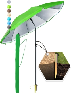 4smile SunnyJoy 3-IN-1 Set mit Sonnenschirm Strand in Grün - Strandschirm windfest stabil 180 cm mit Hülle + Rasendorn Sonnenschirmhalter - Sonnenschirm mit Rasendorn für Garten, Schirmspieß