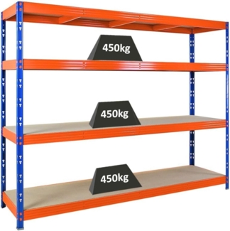PROREGAL Profi Schwerlastregal Rhino EXTRA BREIT blau/orange HxBxT 180 x 240 x 60 cm Fachlast 500kg 4X Spanplatten-Ebenen 8mm Garagenregal, Lagerregal, Steckregal, Weitspannregal