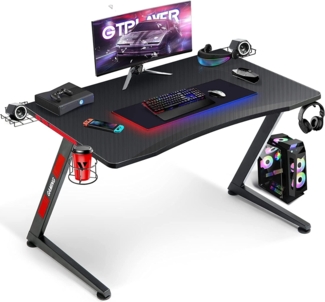 GTPLAYER Gaming Tisch Gaming Schreibtisch Gamer Tisch Ergonomischer PC Tisch mit Getränk- Kopfhörer-, und Lautsprecher Halter Z-Förmiger 110cm Schwarz