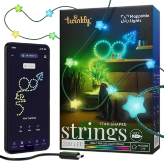 Twinkly Strings Star 200 LED, Sternförmige LED-Lichterkette, RGB LED-Lichter, Kompatibel mit Alexa & Google Home, Gaming-Lichter, Stromversorgung über USB-C, Grünes Kabel, 2x6 m