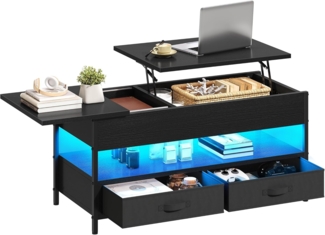 YITAHOME Couchtisch Höhenverstellbar, Wohnzimmertisch mit Verstecktem Ablagefach für für Wohnzimmer, Büro, couchtisch mit stauraum und 2 Schublade und LED-Lichtleiste 106 x 50 x 51,5 cm