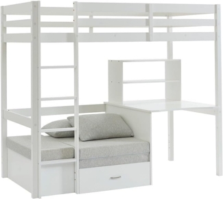 Vente-unique - Hochbett mit Schreibtisch, Schlafsofa & Stauraum - 90 x 200 cm - Kiefernholz & MDF - Weiß - GOLIATH III