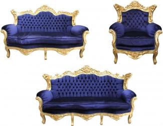 Casa Padrino Barock Wohnzimmer Set Royal Blau /Gold - 3er Sofa+2er Sofa + 1 Sessel