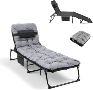 Clevish XL Liegestuhl mit wasserdichtem Kissen, klappbarer Sonnenliege mit Verstellbarer Rückenlehne, Seitenfach und Kopfkissen, 190 x 68 x 31 cm, maximale Belastung 150 kg, Strandliege für Garten, Pool
