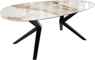 Esstisch Edge Oval 220x120 Keramik Minas Melange Weiß-Beige Zenthara kantig Metall Schwarz