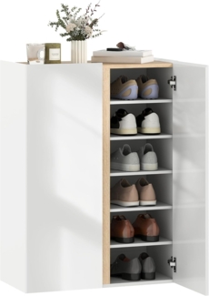 HOMCOM Schuhschrank mit 2 Hochglanz Türen Schuhregal mit 6 Verstellbaren Fächern (Schuhkommode, 1-St, Schuhaufbewahrung) mit Soft-Close-Funktion für 18 Paar Schuhe 70 x 30 x 95 cm, Weiß