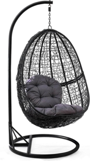 Luxus Hängesessel Korb Polyrattan mit Gestell Schwarz und Sitzkissen Grau