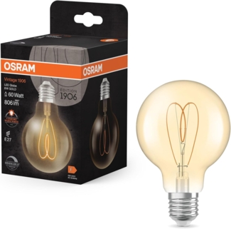 Osram Vintage 1906 Globe ist eine warmweiße, dimmbare LED-Lampe in klassischer Ballform mit Filament. Sie bietet 8 W für 806 lm, E27 Fassung, goldfarbenes Glas, 80 mm Durchmesser, 2200 K, EEK F.