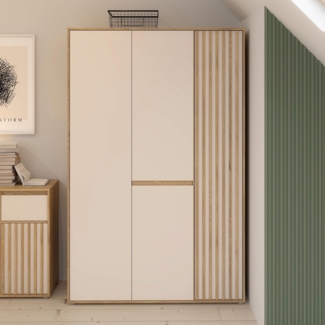 Forte ELISTON Kleiderschrank 120 130, moderner Kleiderschrank mit Lamellendesign, 3-türig, Schlafzimmer, Mauvella Eiche Holzdekor|Kashmir Beige, 128,7 cm breit x 200,1 cm hoch x 54 cm tief