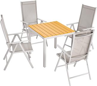 Casaria Sitzgruppe Bern 4+1 Aluminium 7-fach Verstellbar Hochlehner Klappbar WPC Gartentisch 80x80 cm Wetterfest Garten Terrasse Sitzgarnitur Set Natur