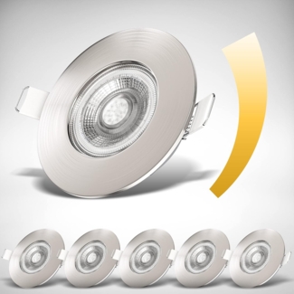 B.K.Licht LED Einbauleuchte 6er Set Bad Einbaustrahler, Dimmbar, IP44, LED Einbauspots, Dimmfunktion, LED fest integriert, Warmweiß, 3.000K, 480Lm, 4,9W, Kunststoff, 9 x 2,5 cm, Nickel