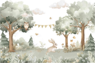 Wallarena Fototapete Kinderzimmer Tiere Kaninchen Kinder Vlies Tapete Wandtapete, Glatt Vlies Washable, Kaninchen, Tiere, Eule, Natur, Wald, (Packung, 7 St, Vlies Fototapete), Vliestapete pastel grün Kinderzimmer Tapete + Kleister Motivtapete