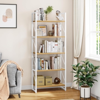 YITAHOME Bücherregal mit 5 Ebenen,Industrielles Standregal Aufbewahrungsregale für Wohnzimmer Bücher Schlafzimmer Büro Küche Zeitschriften, Weiß und Holzfarbe