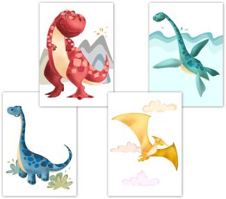 Dino Poster Kinderzimmer, Deko für Babyzimmer, Kinderposter Set, Babyposter, DIN A4 ohne Bilderrahmen, Tierbilder, Dinosaurier Wandbilder für Jungen und Mädchen (4er Set A)