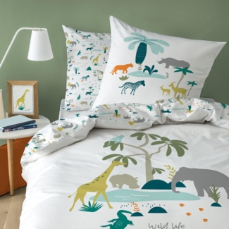 MTOnlinehandel Bettwäsche Safari 135x200 + 80x80 cm 2 tgl, 100 % Baumwolle in Biber, Biber, 2 teilig, Afrika Tour für Mädchen und Jungs, Zoo-Tiere & Dschungel Abenteuer